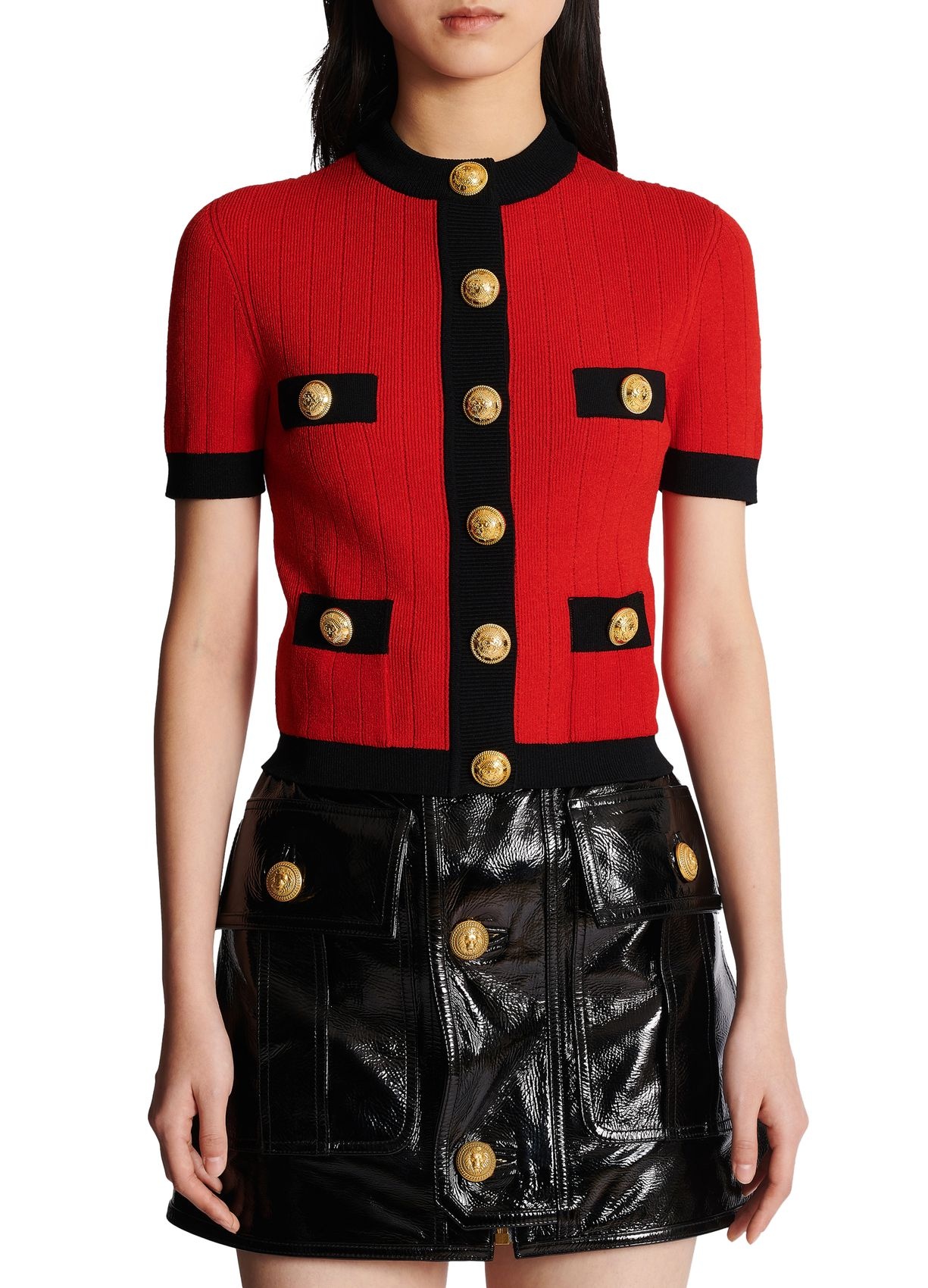 Balmain Short-sleeve Cropped Cardigan In Red