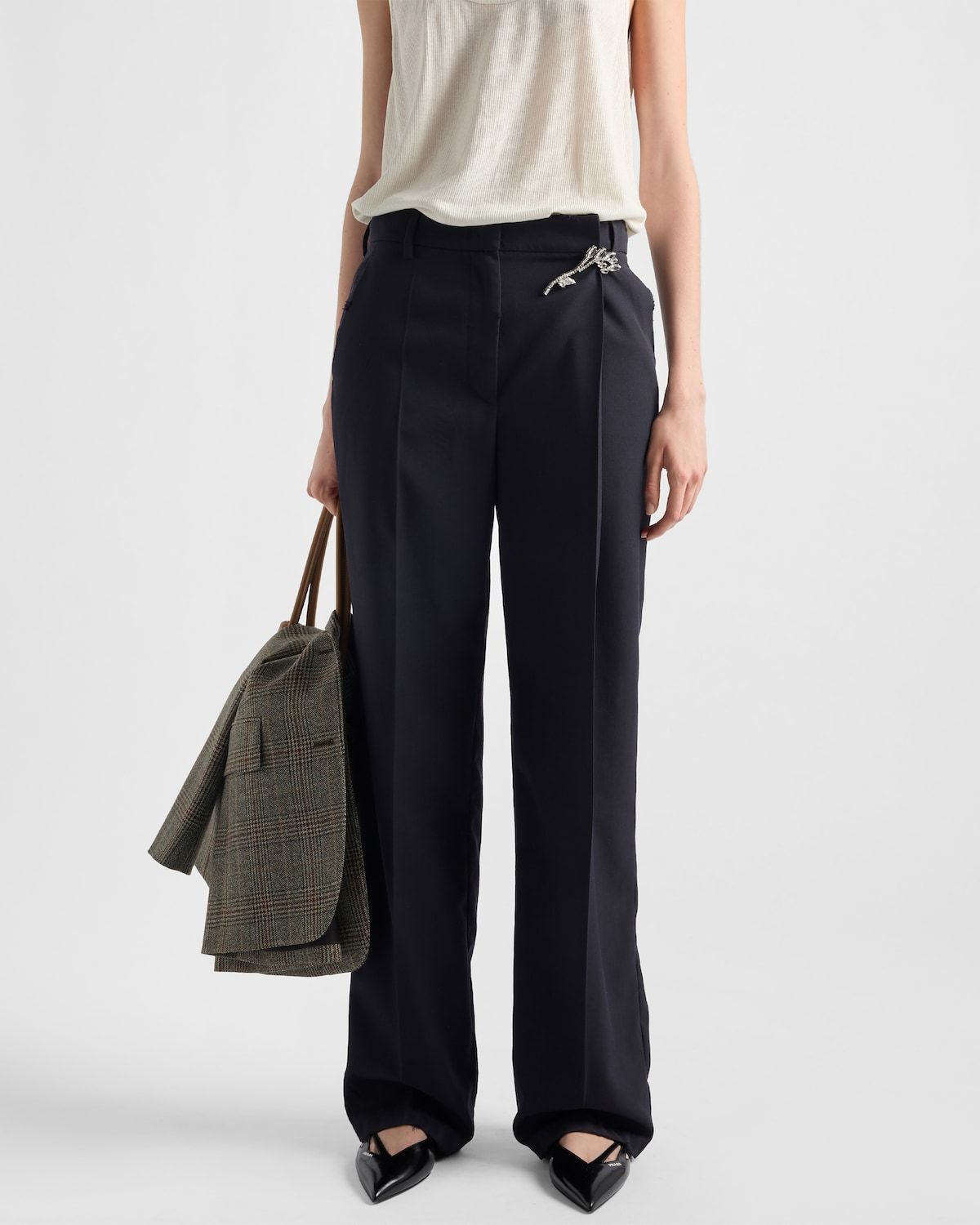 Prada Embellished Wool Gabardine Wide-leg Pants In Blue