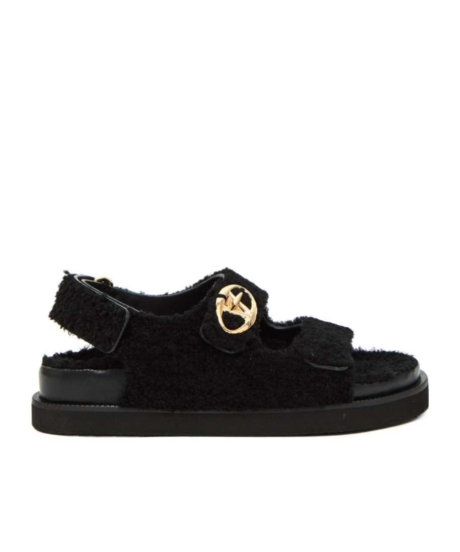 Valentino Garavani Vlogo Locker Shearling Sandal Woman Black 40 In Black