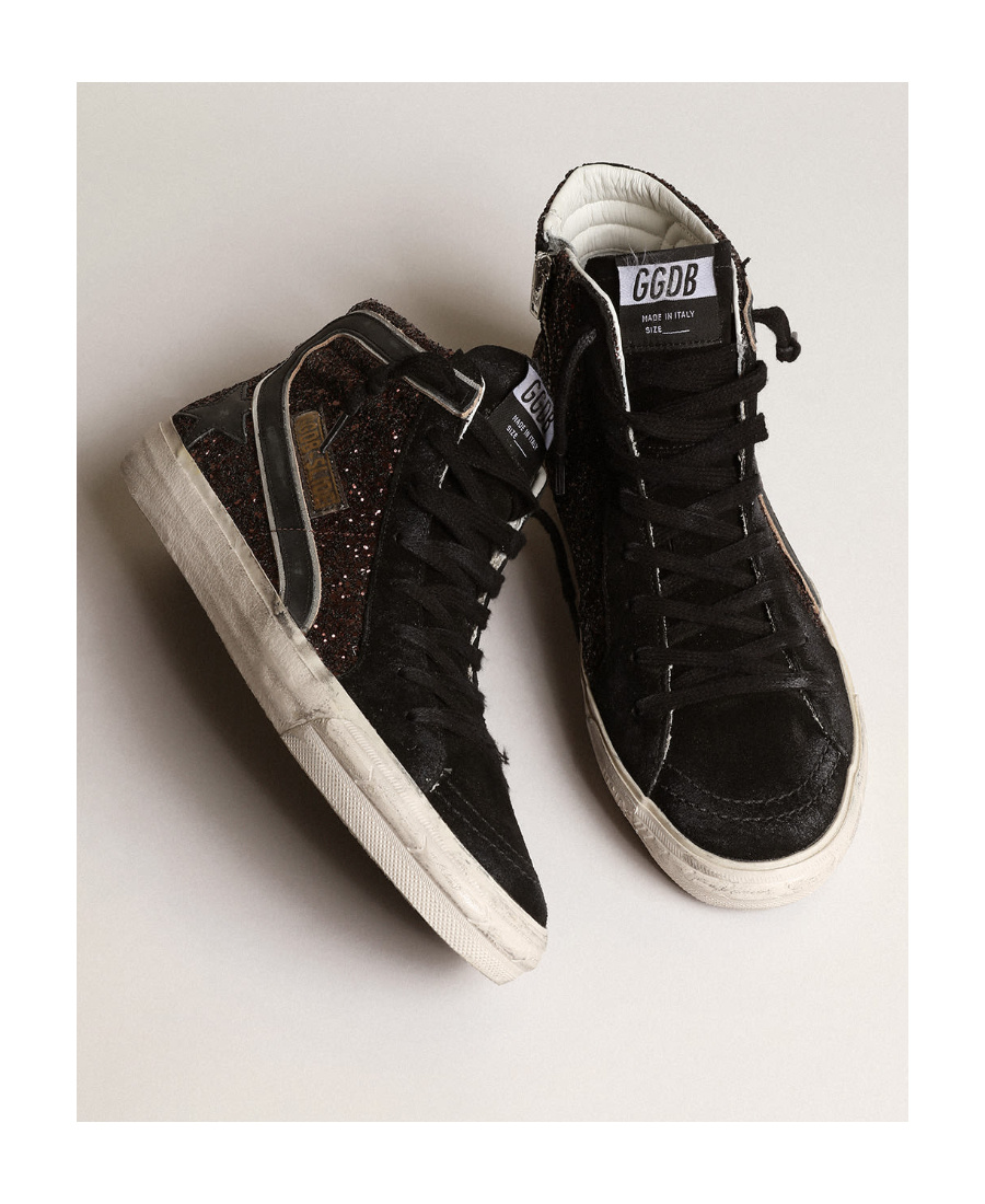 Golden Goose Deluxe Brand Women Slide Classic Suede High-top Sneakers With Glitter Inserts In Black