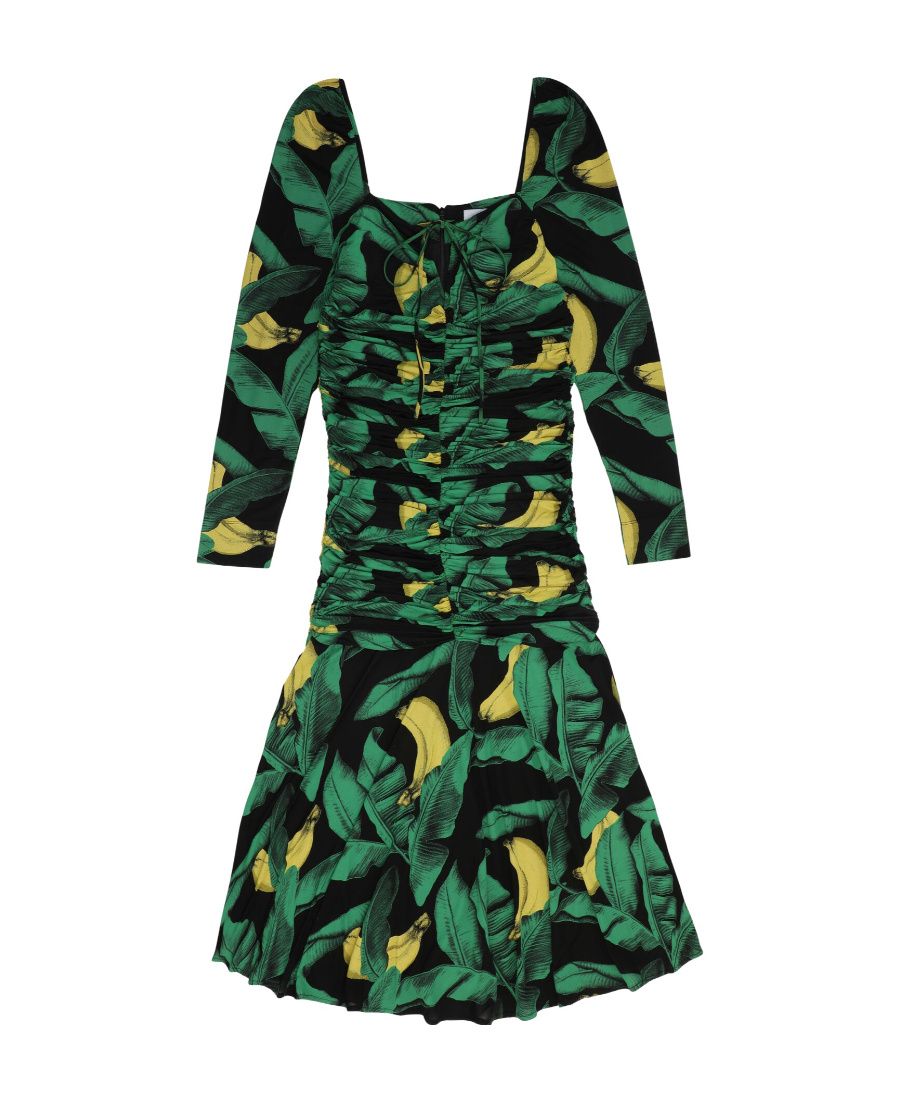 Ganni Palm Print Long Sleeve Gathered Jersey Dress In Green