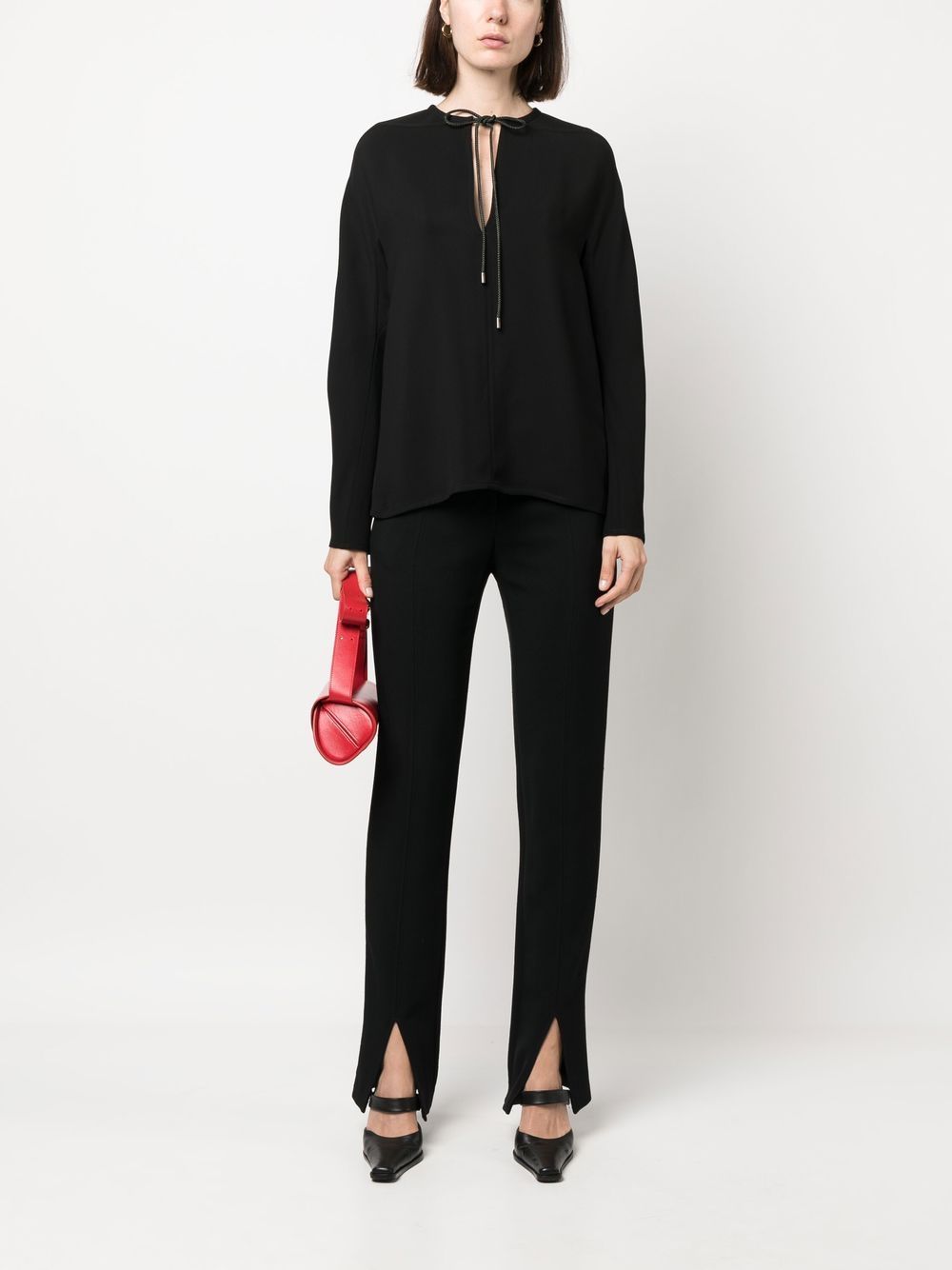 Ferragamo Gathered Tie Neck Long Sleeve Top In Black