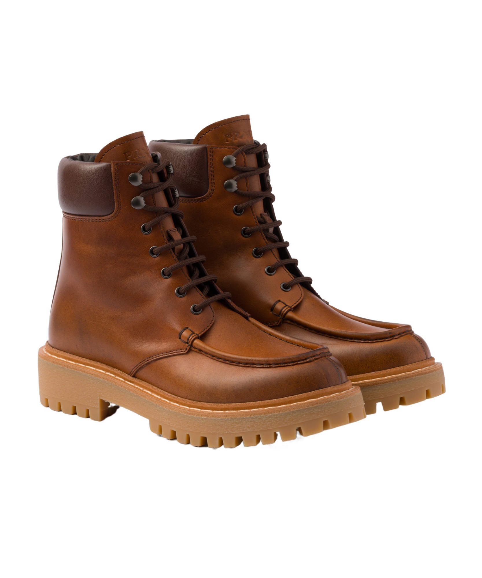 Shop Prada Leather Lace-up Boots In Brown