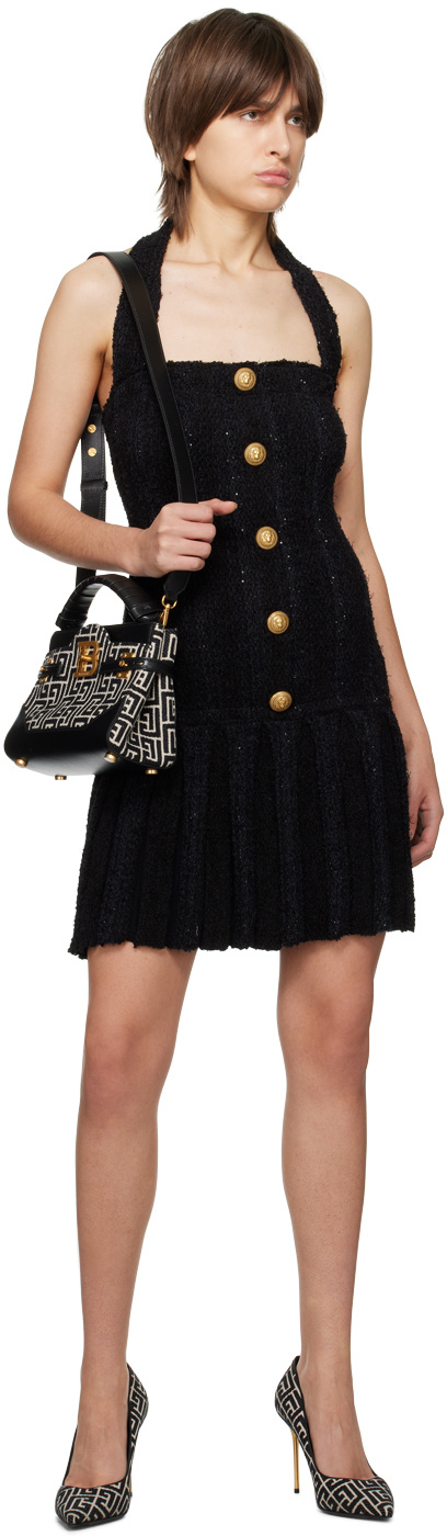 Balmain Embellished Pleated Tweed Halterneck Mini Dress In Pa Noir