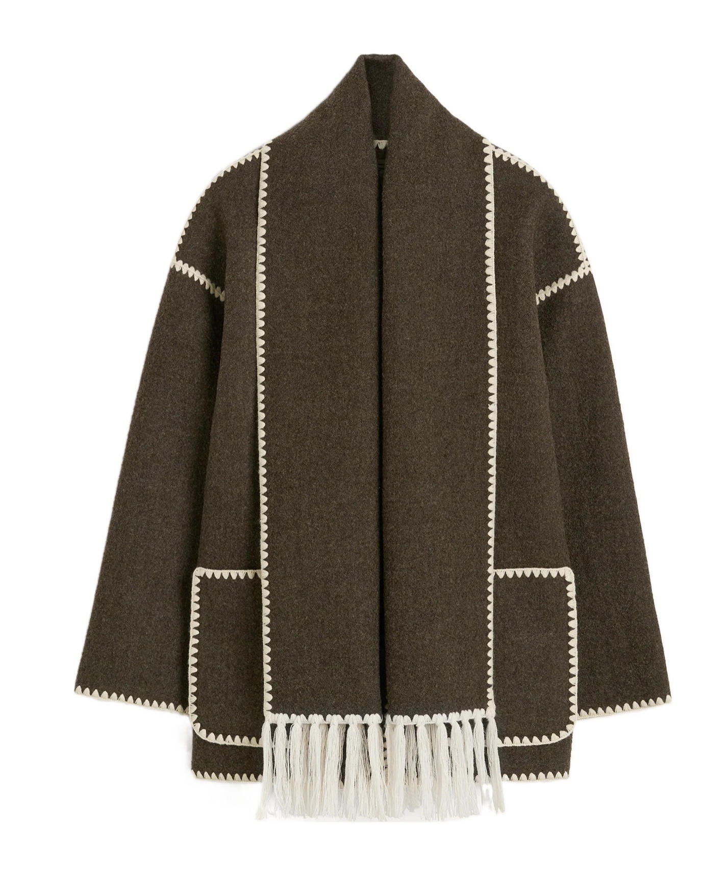 Totême Womens Chocolate Melange Embroidered-trim Scarf Wool-blend Jacket