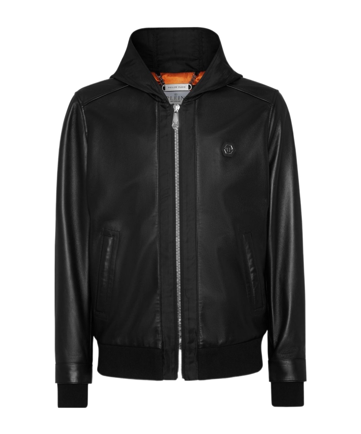 Philipp Plein Leather Hooded Bomber With Satin Inserts In Black
