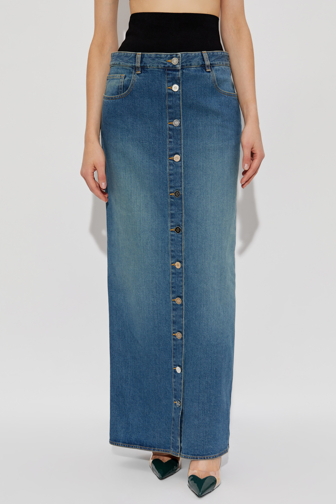 Alaïa Blue Knitted Waistband Denim Maxi Skirt In Blue