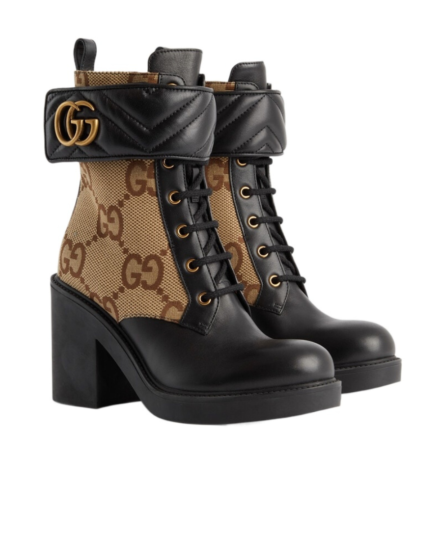 Gucci Beige & Black Gg Marmont Ankle Boots In Green