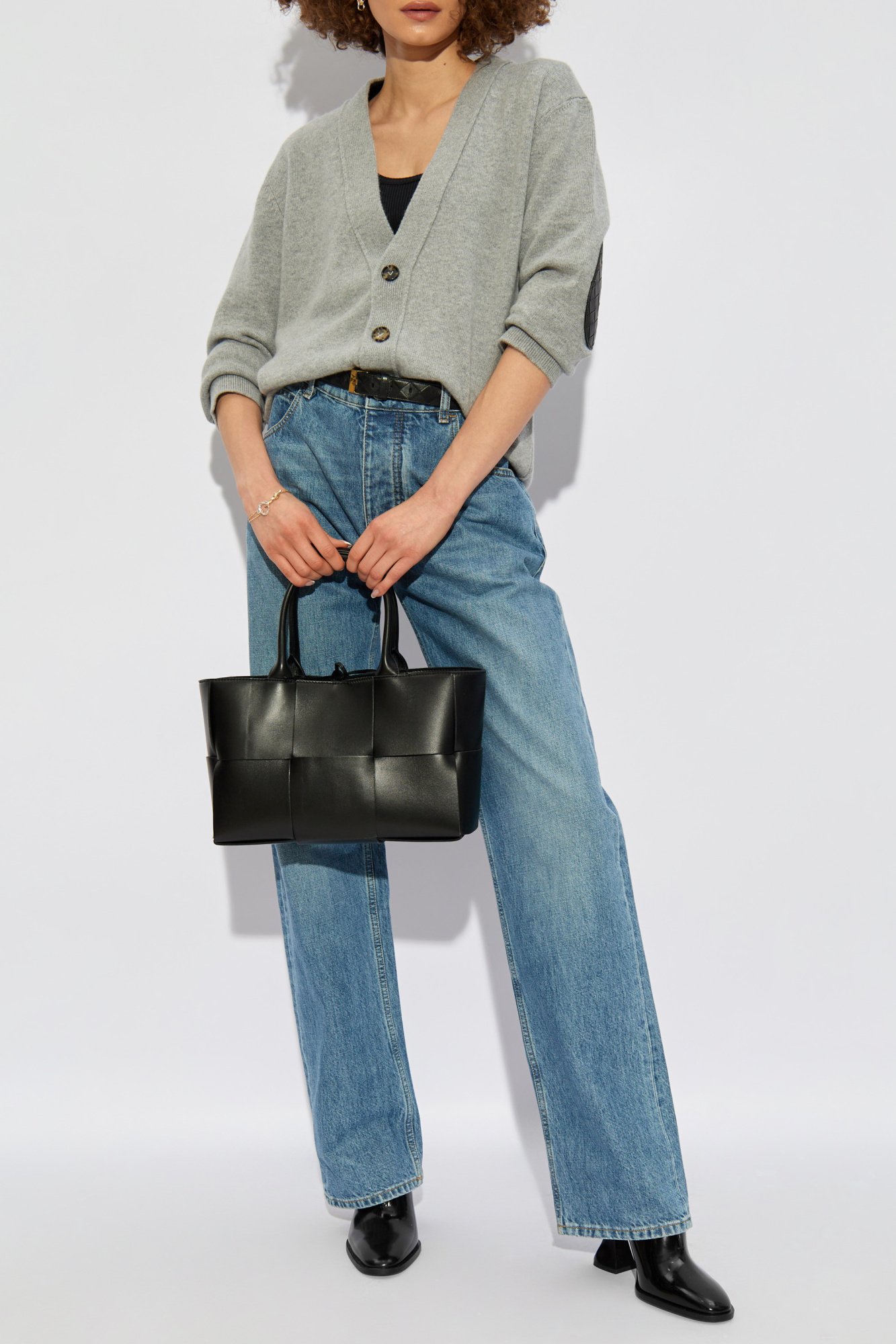 Bottega Veneta Leather Patch Cashmere Cardigan In Gray