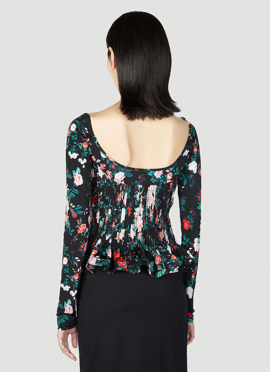 Rabanne Floral Print Viscose Top With Pleated Design In Black