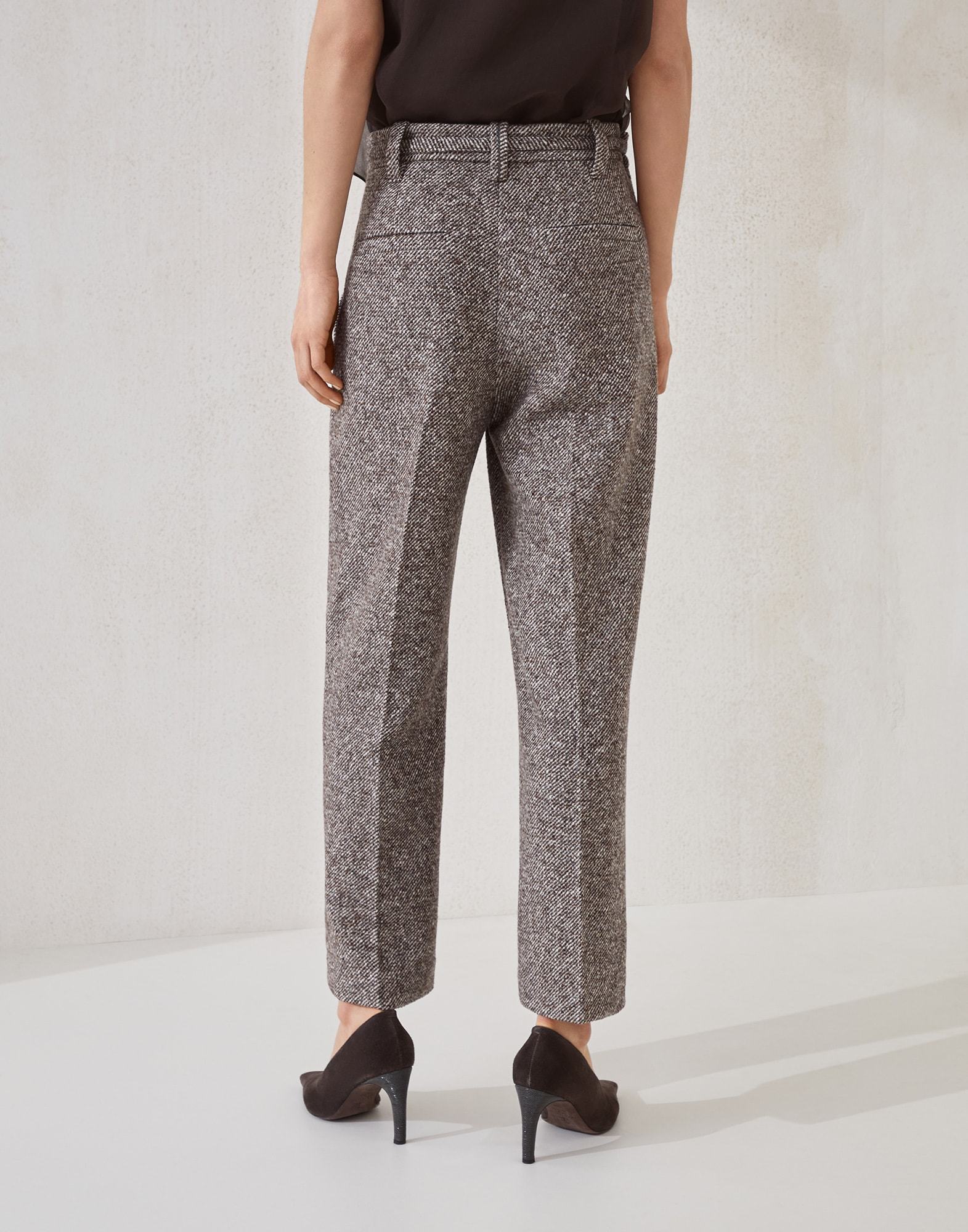 Brunello Cucinelli Techno Virgin Wool And Silk Mélange Diagonal Straight Cropped Trousers With Monili In Brown