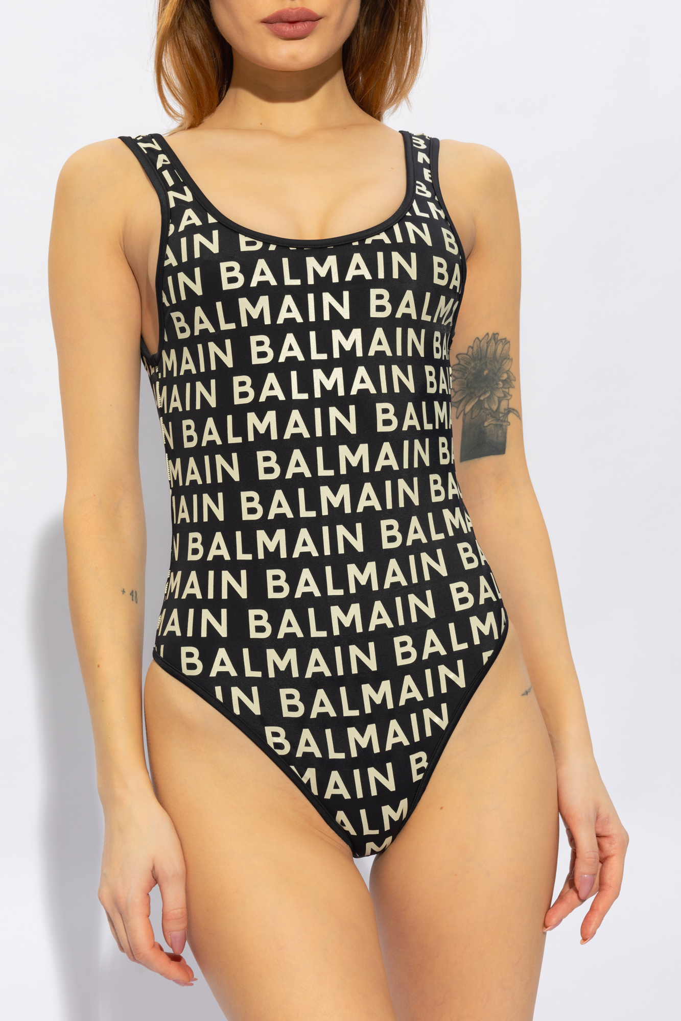 BALMAIN LOGO-PRINT SWIMSUIT