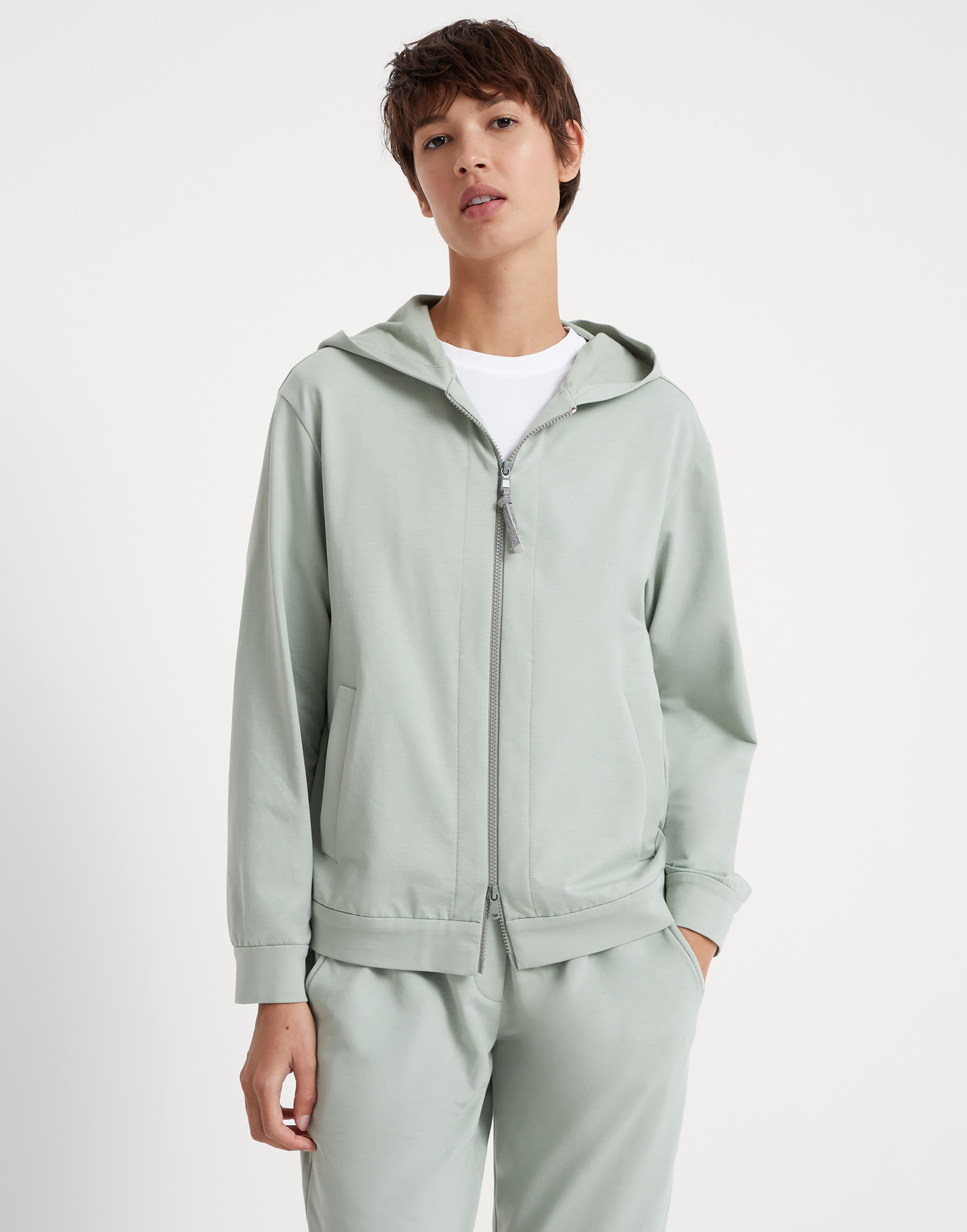 Brunello Cucinelli Lightweight French Terry Zip-up Hoodie In Green