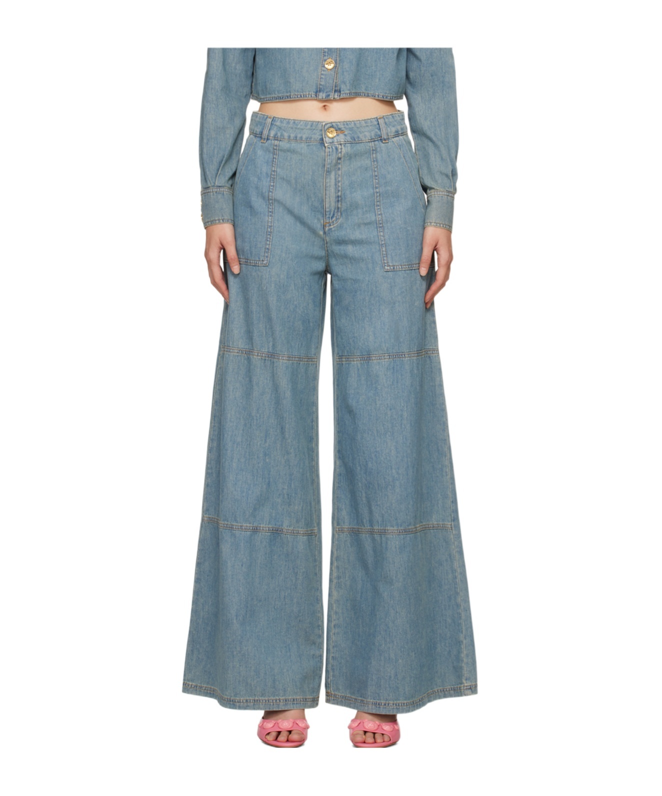 Moschino Wide Leg Sewing Detail Denim Trousers In Gray