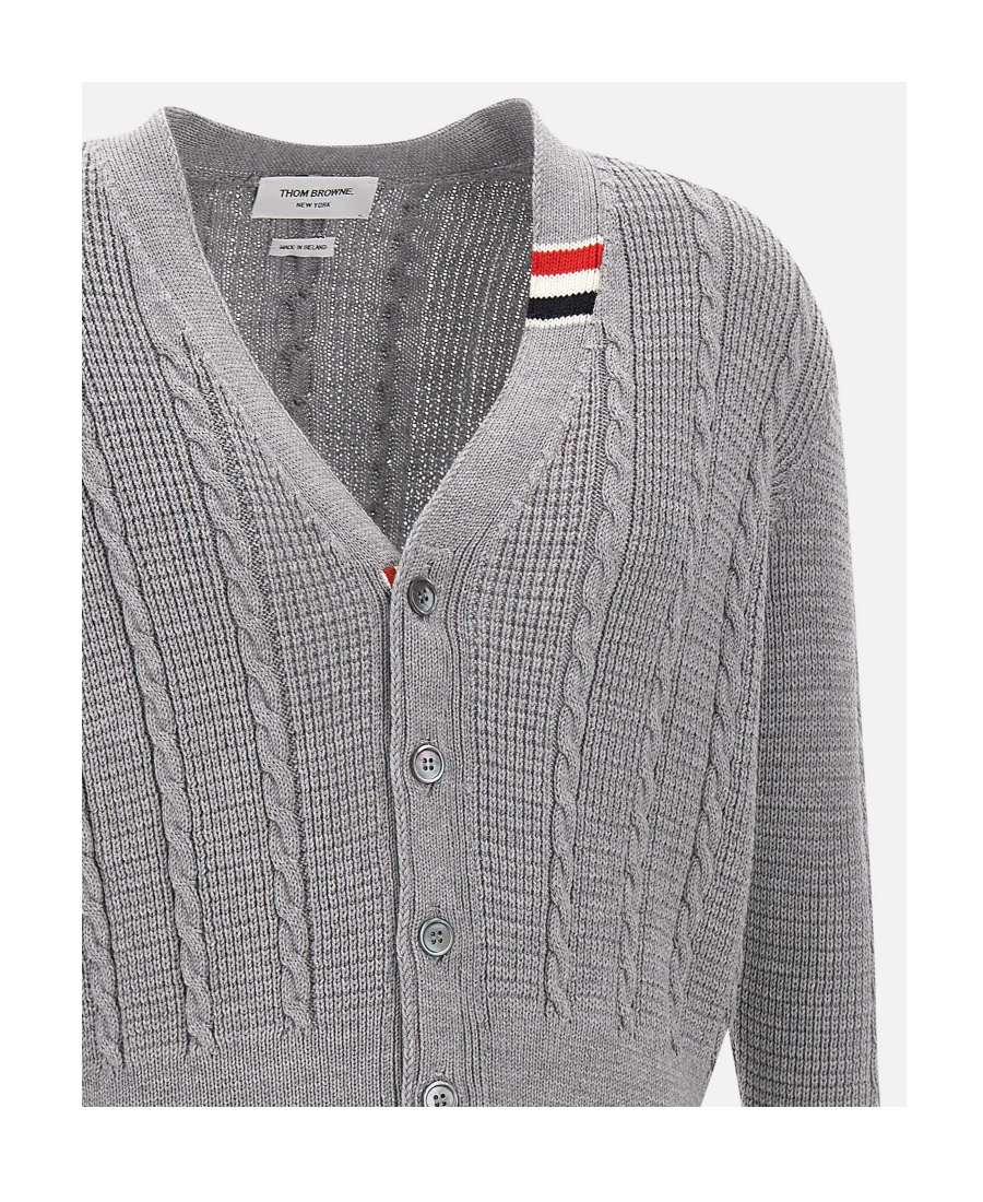 Shop Thom Browne Cable-knit Virgin-wool Cardigan In Gray