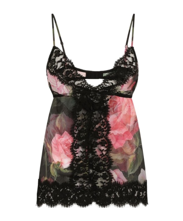 Dolce & Gabbana Chiffon And Lace Lingerie Top With Rose Print In Multi-color