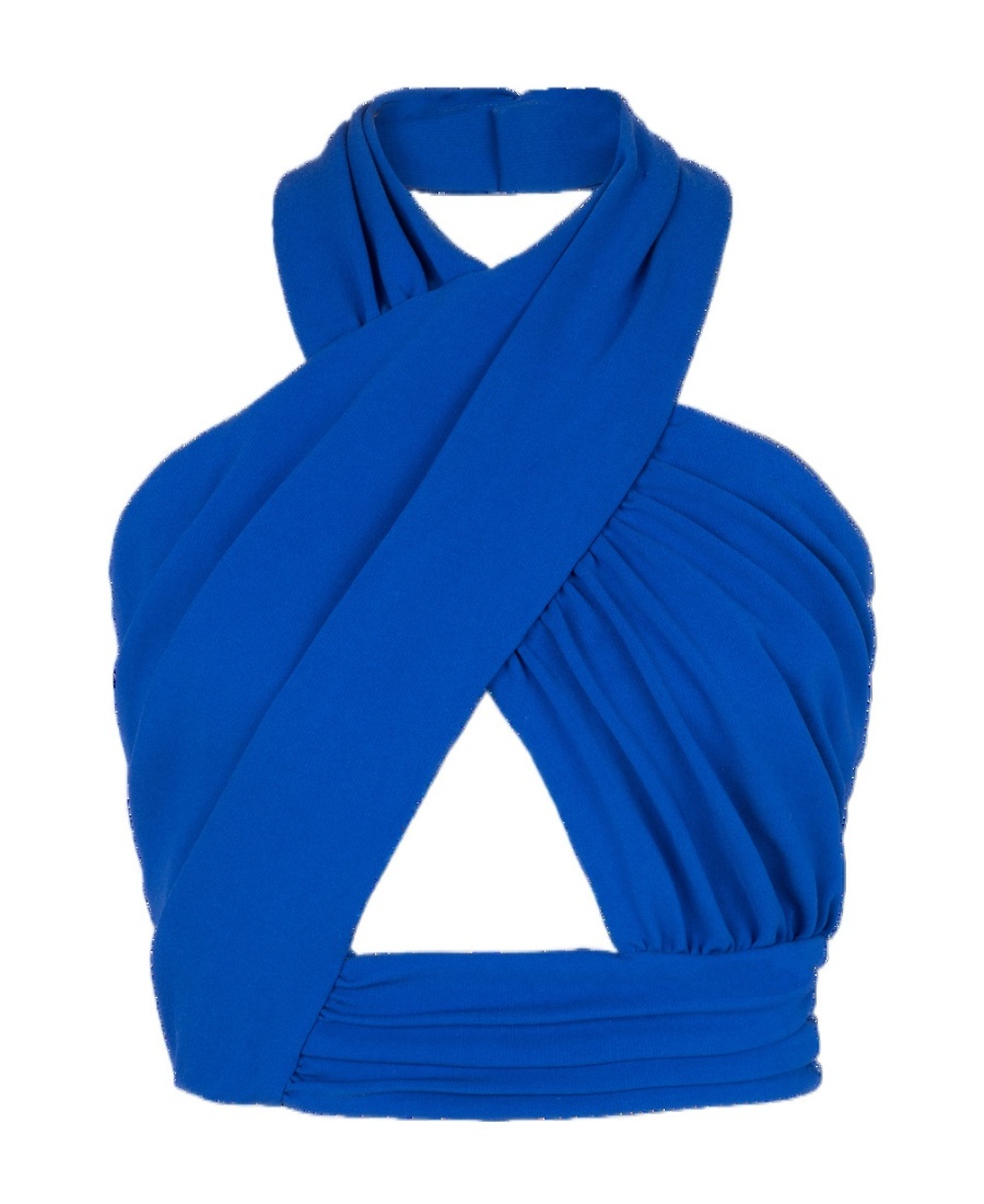 Shop Balmain Draped Jersey Crop Top In Blue