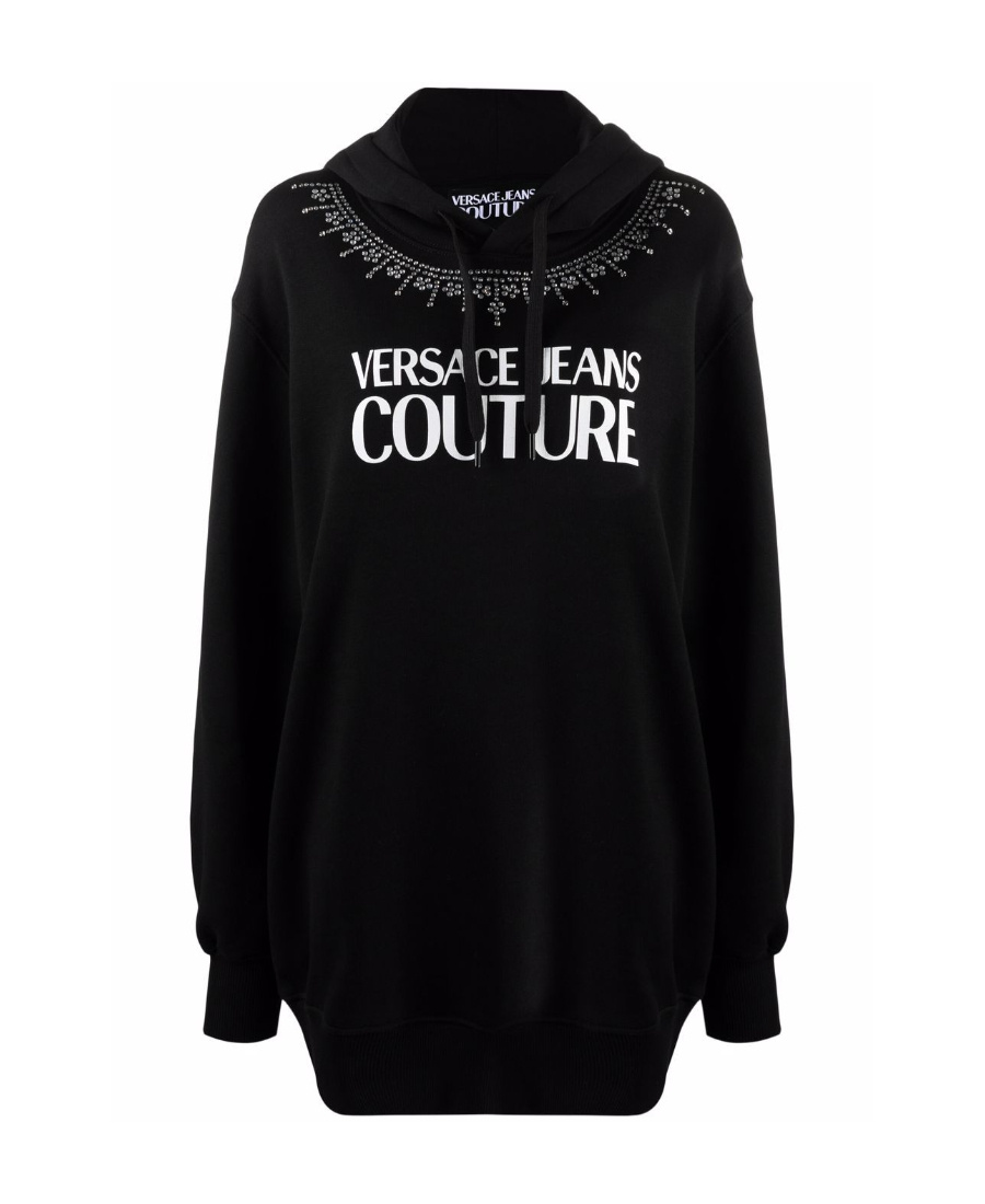Versace Jeans Studded Logo-print Hoodie Dress In Black