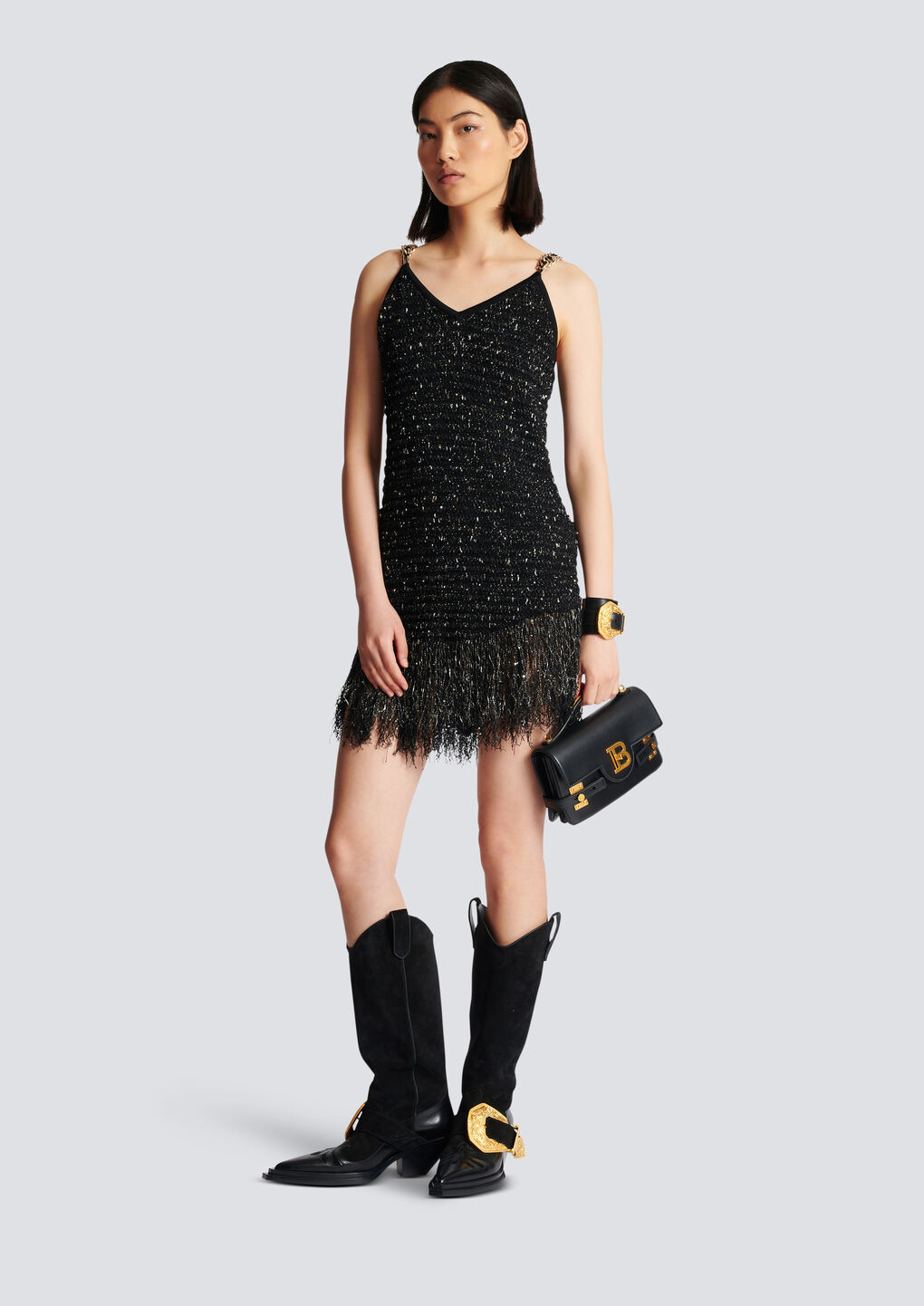Balmain Chain-embellished Fringed Sequined Bouclé-tweed Mini Dress In Black