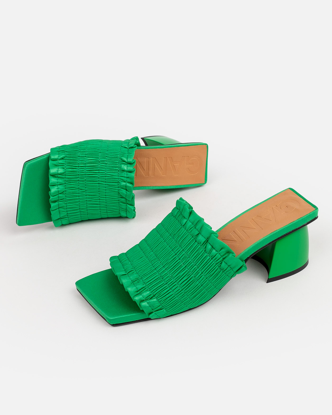 Ganni Smocked Kitten-heel Mules In Green