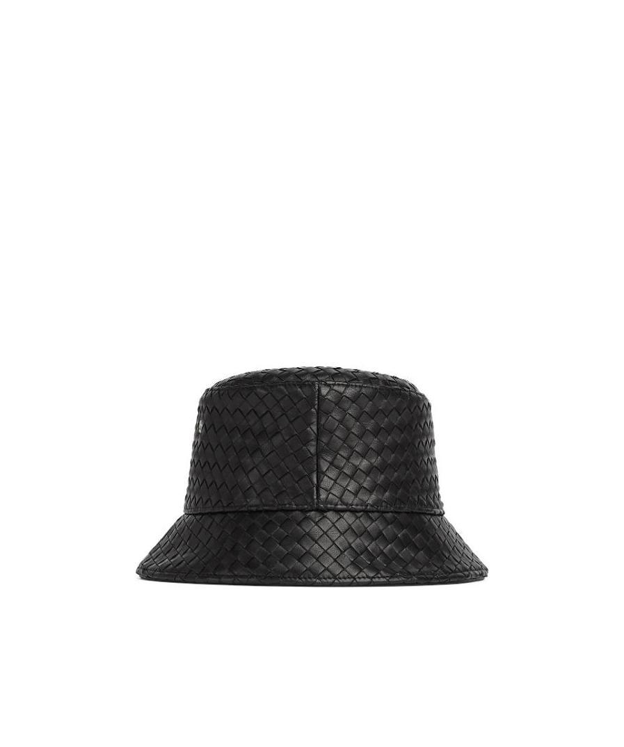 Bottega Veneta Black Bucket Hat With Metal Eyelets And Intreccio Motif In Leather Man In Black