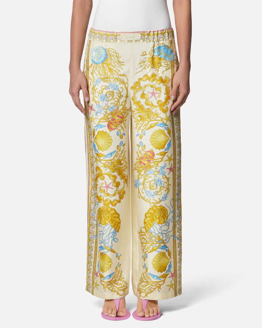 Versace Wide Leg Trousers With Underwater Baroque Print In Brown