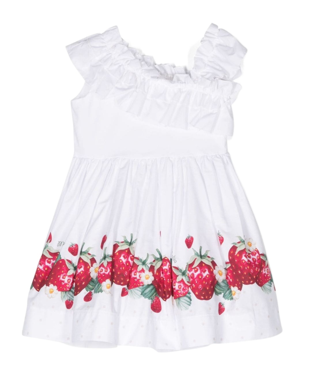 Monnalisa Strawberry-print Ruffled Asymmetric Dress In White