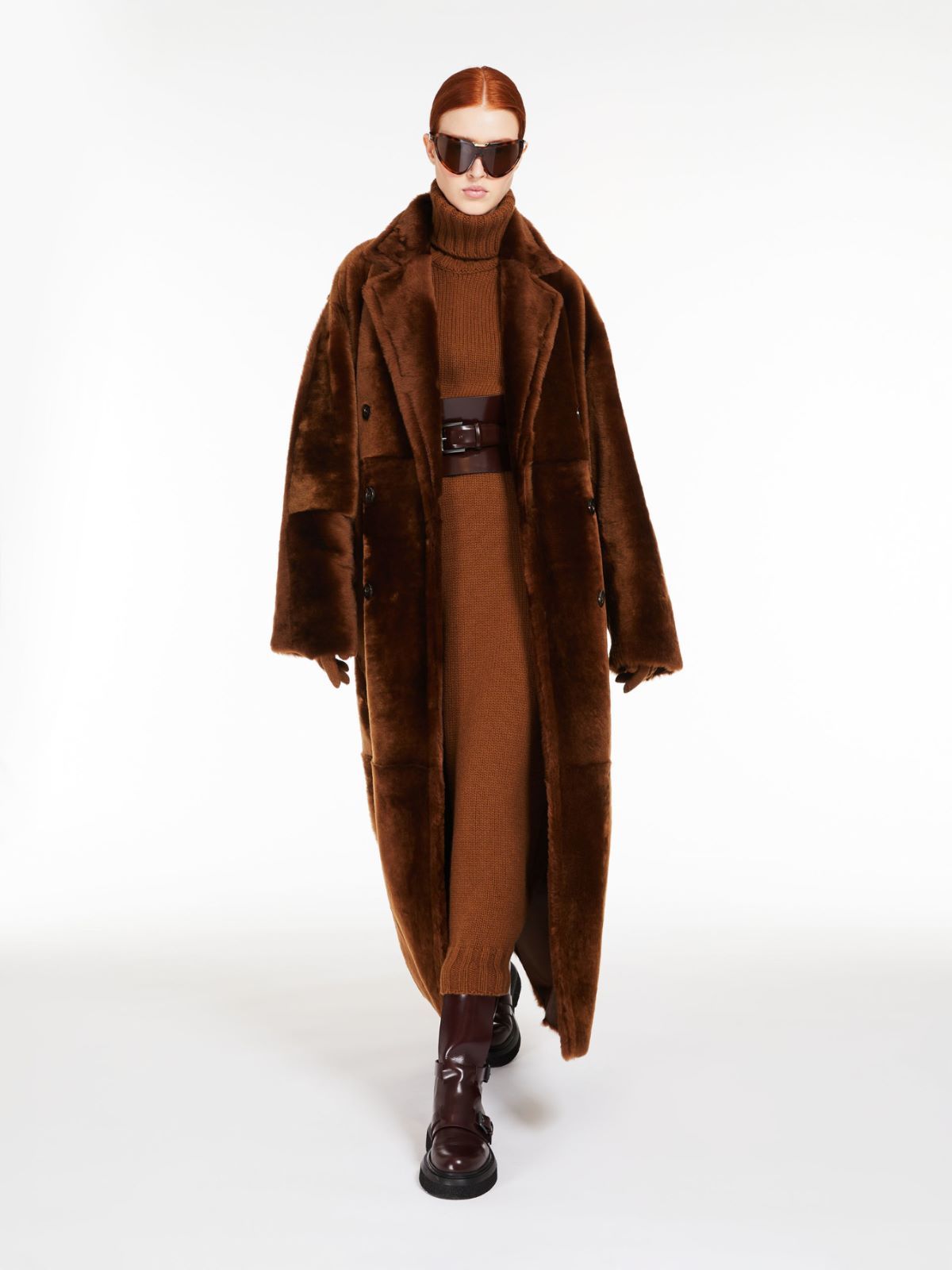 Max Mara Tanga Double-breasted Shearling Coat In Brown