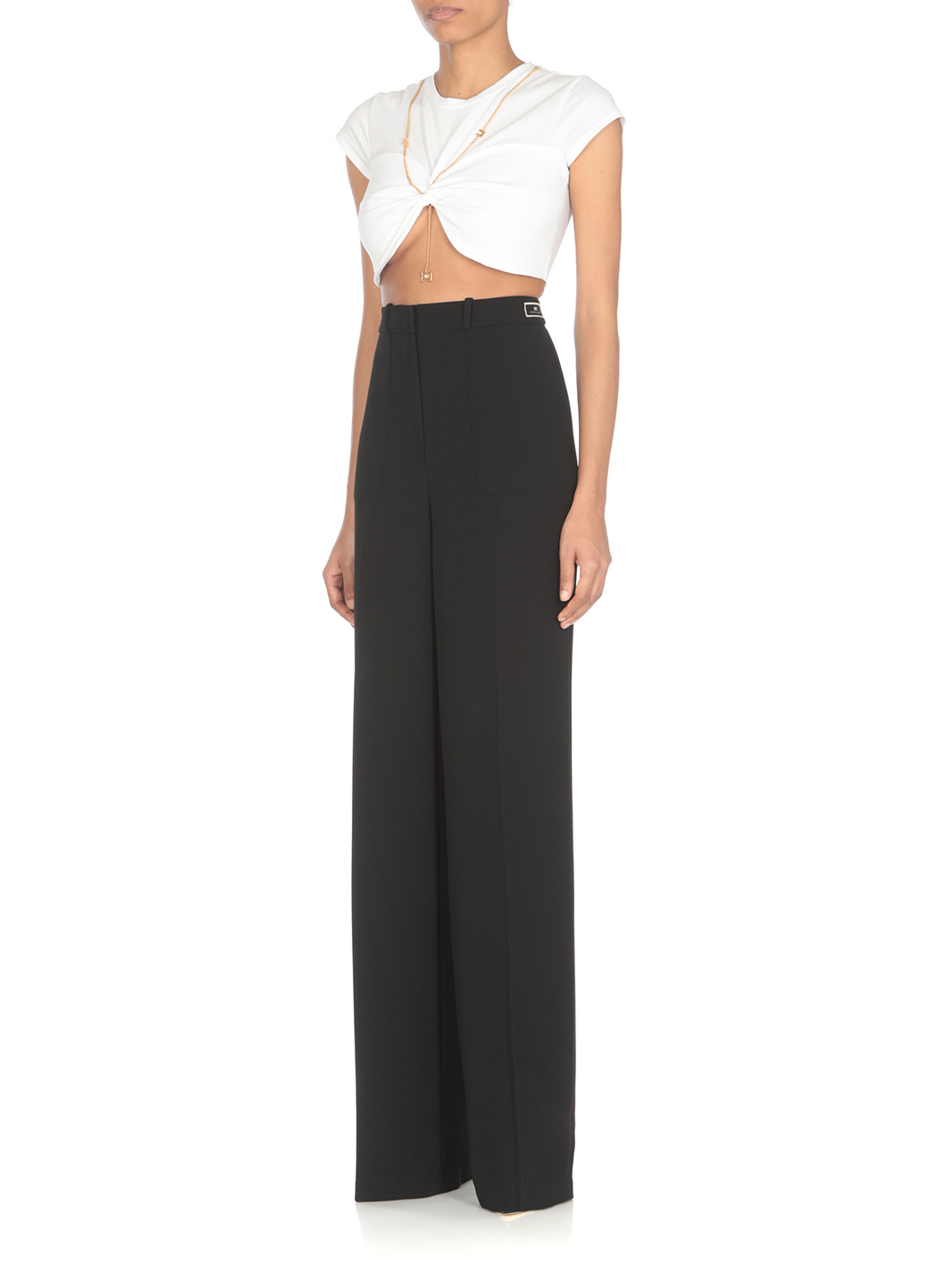 Elisabetta Franchi Logo Patch Wide-leg Trousers In Black