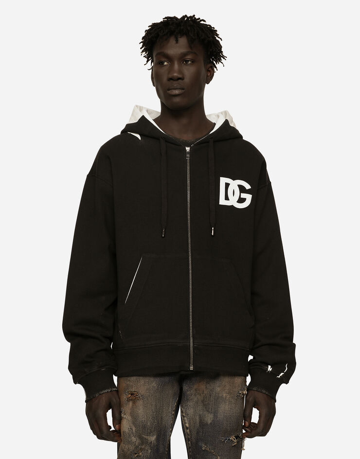 Dolce & Gabbana Dg Logo Print Jersey Hoodie With Zipper In Black