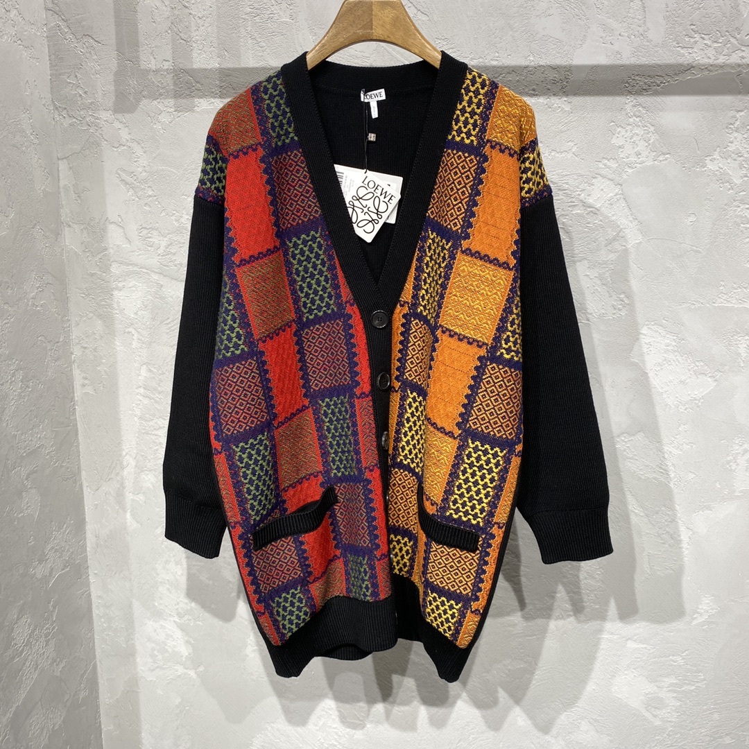 Loewe Oversized Check Patterned Cardigan In Black