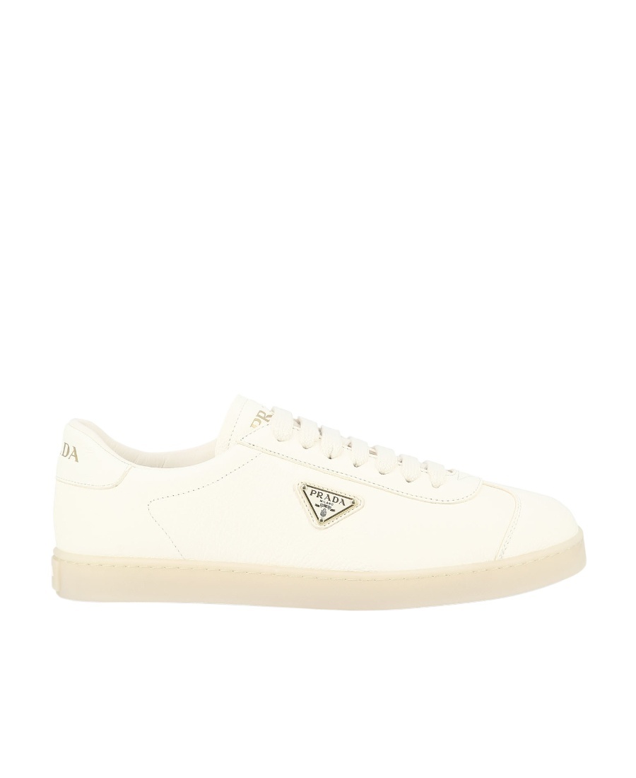 Prada Mens White Triangle-plaque Vintage-effect Leather Low-top Trainers In Nude