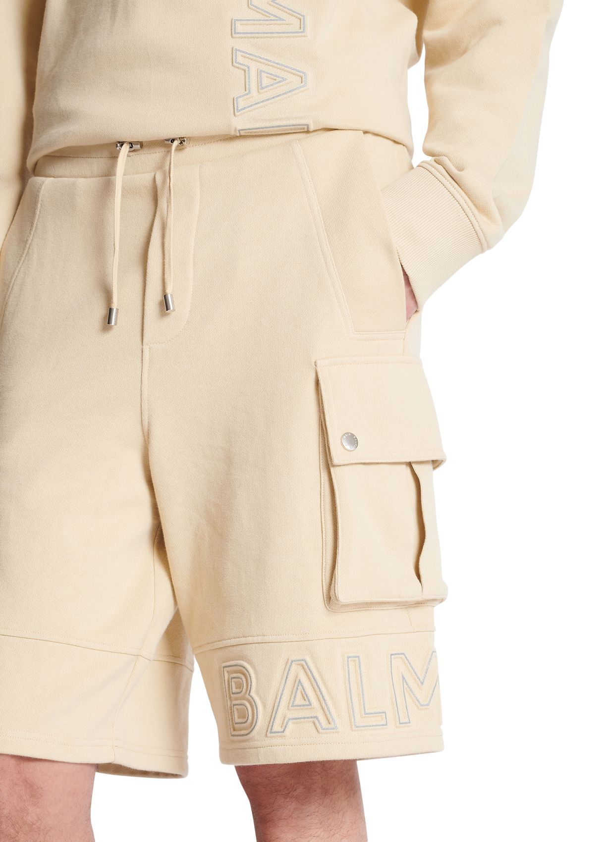 Shop Balmain Logo Shorts In Nude