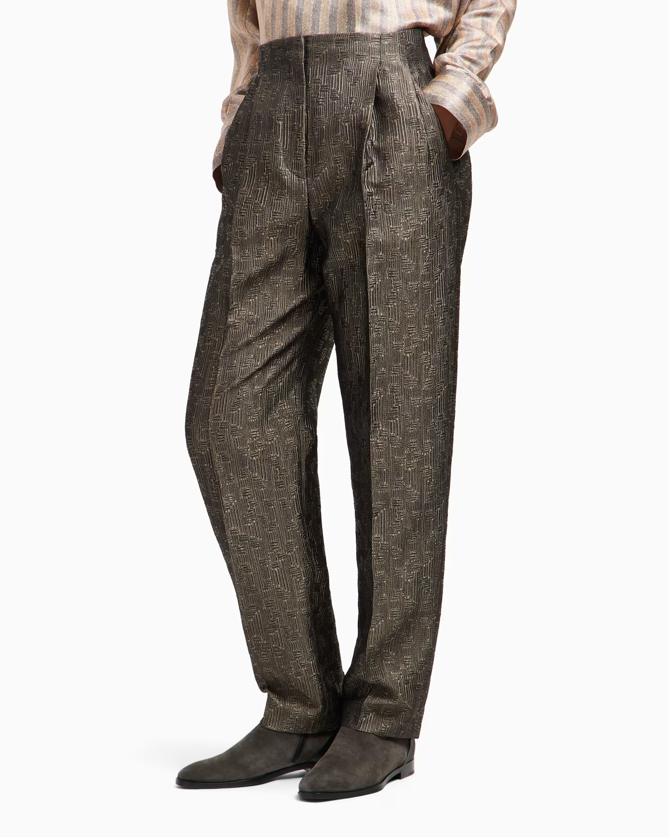 Giorgio Armani Jacquard Silk And Wool Single-pleat Trousers In Brown