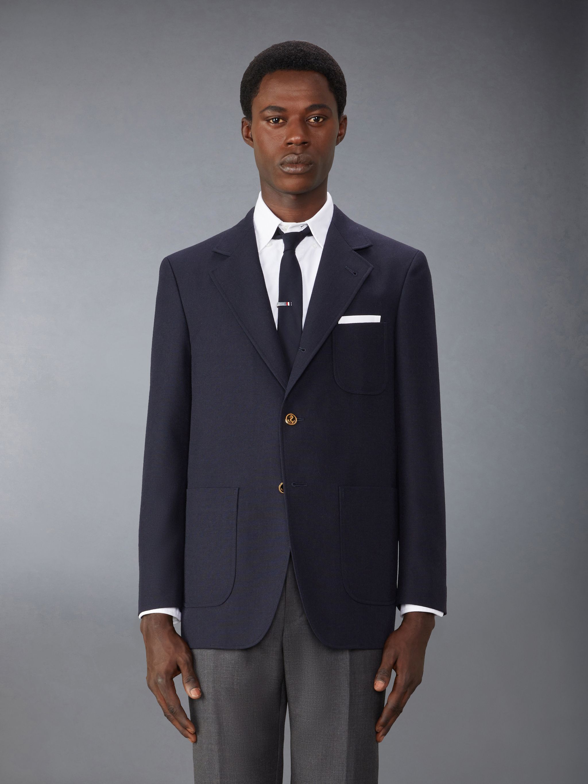 Thom Browne Blue Single-breasted Virgin Wool Blazer In Black