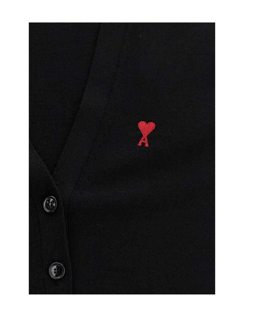 Ami Alexandre Mattiussi Ami V-neck Button-down Cardigan With Subtle Red Emblem In Black