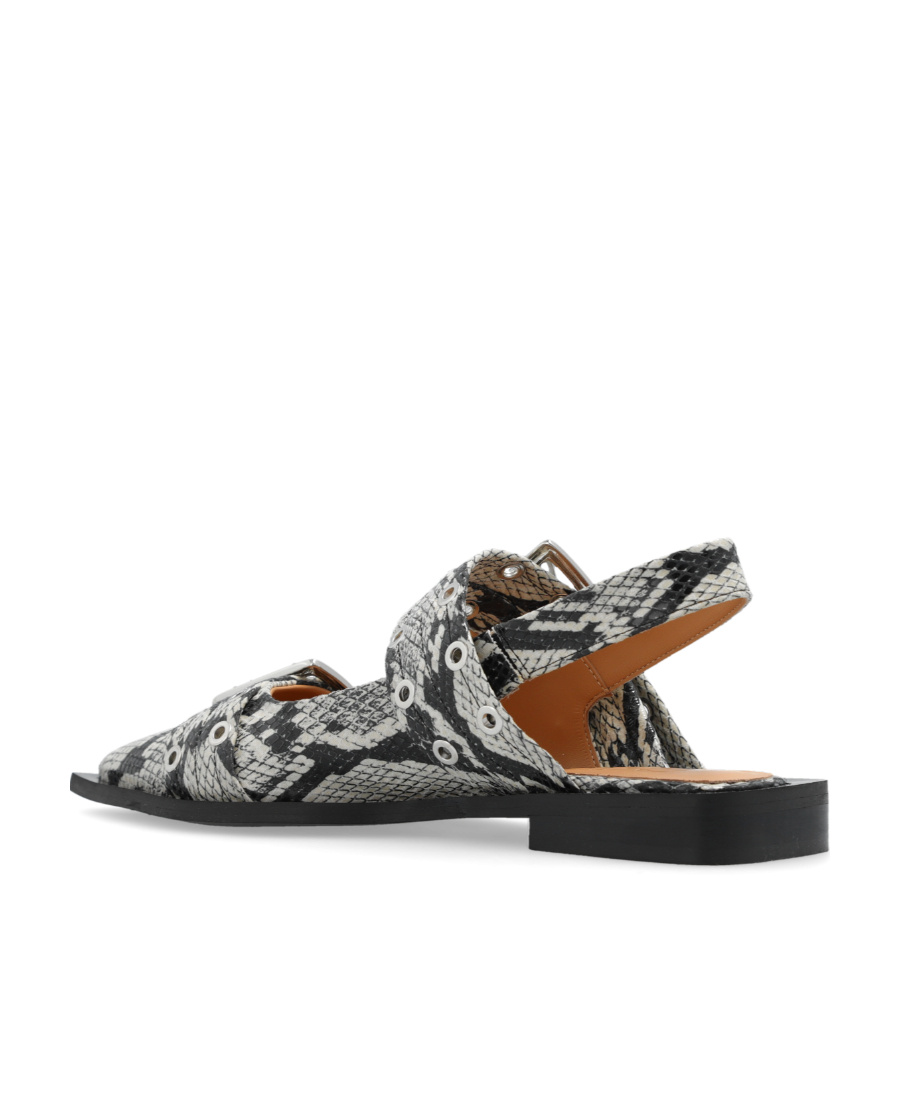 Ganni Buckled Eyelet-embellished Snake-effect Recycled Faux Patent-leather Ballet Flats In Black