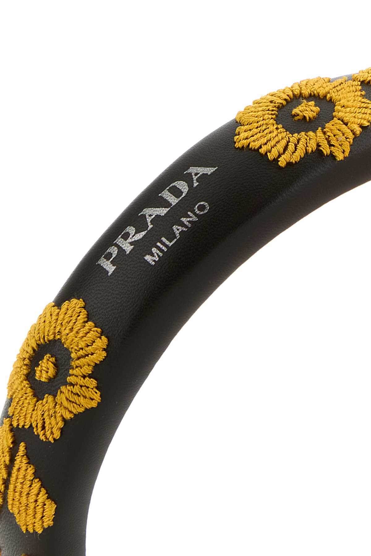 Prada Leather Hairband With Embroidered Floral Motif In Black