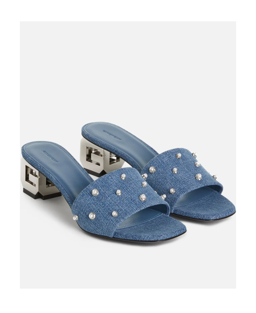 Givenchy Pearly Denim G Cube-heel Mule Sandals In Blue