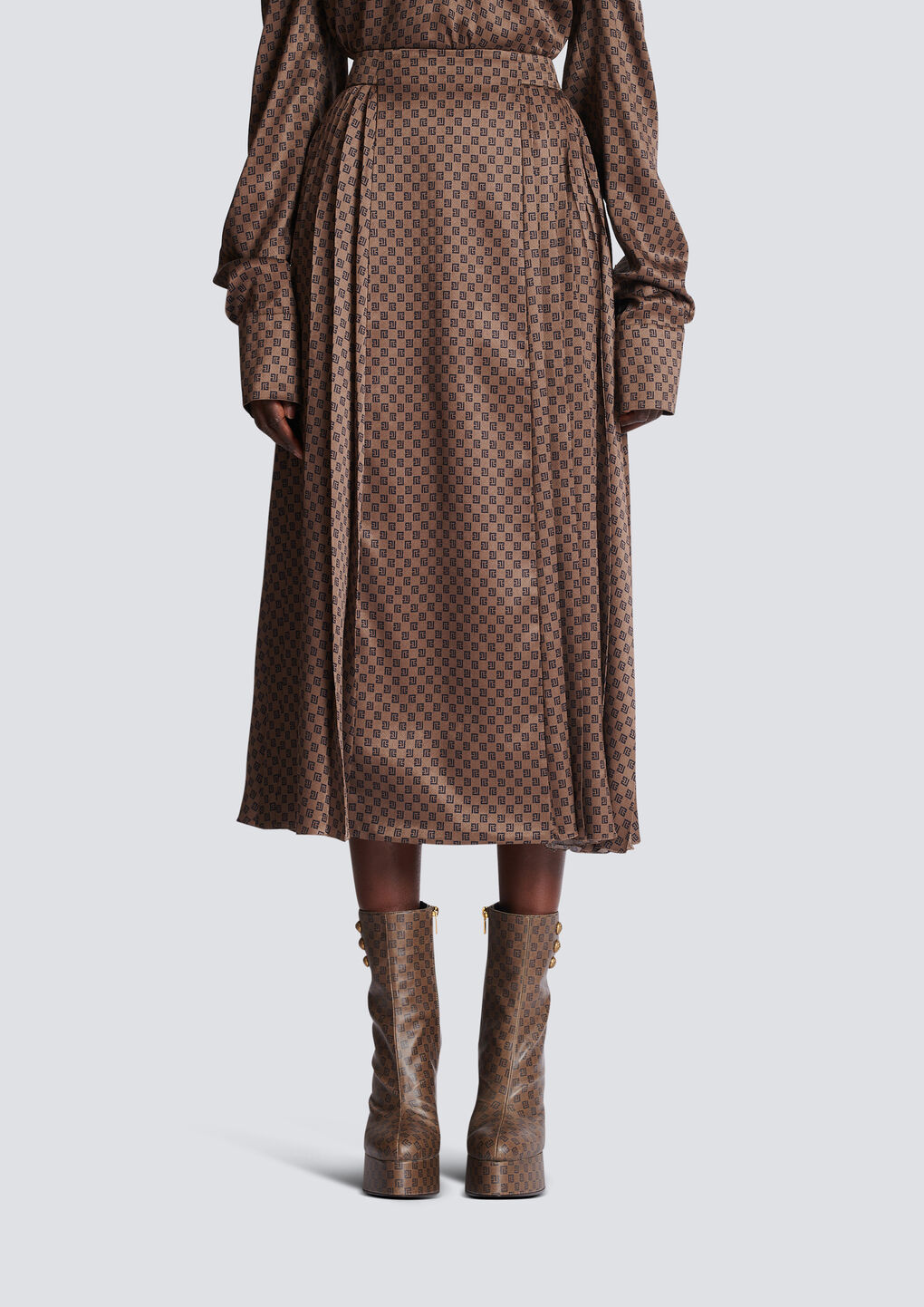 Balmain Monogram-print Pleated Midi Skirt In Brown