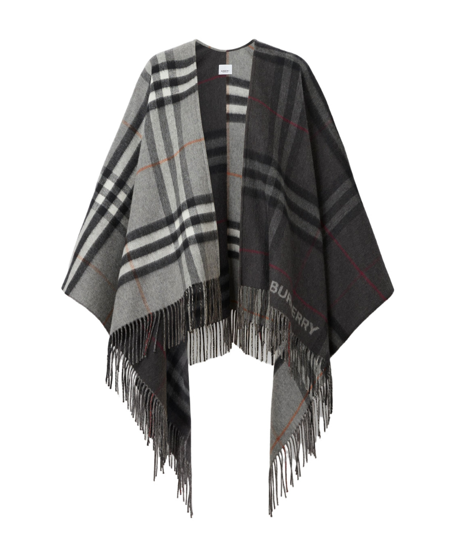 Burberry Split Check Fringe Trim Cashmere Cape