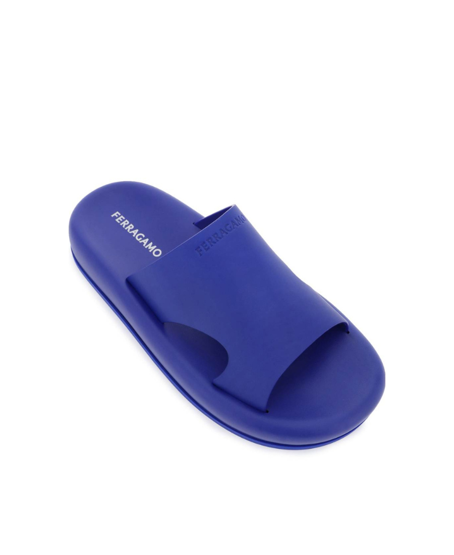 Ferragamo Dolce Leather Flatform Slides In Blue