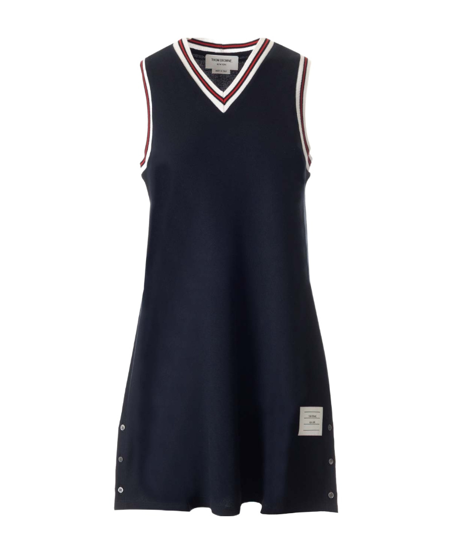 Thom Browne Piquet Dress With V Neckline And Arm Holes In Blue