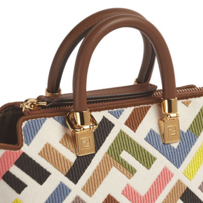 Fendi Mini Handbag Geometric Pattern Top Handle Gold-tone Hardware In Nude