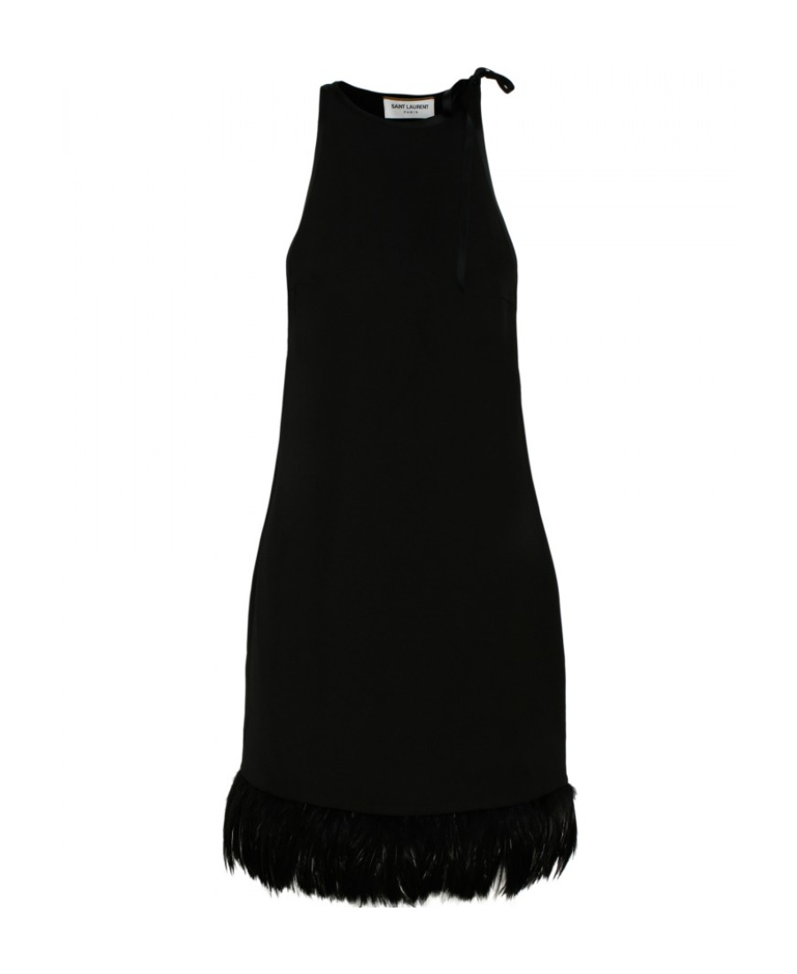 Saint Laurent Feather-trim Sleeveless Mini Dress In Black