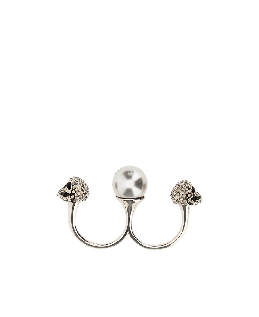 Alexander Mcqueen Maxi Beaded Double Ring With Skull Embellished Rhinestones In White