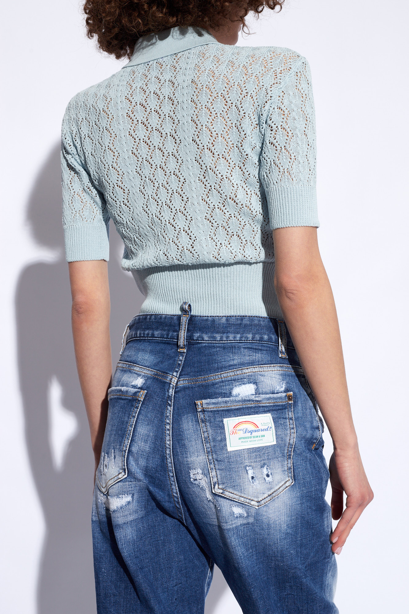 Dsquared2 Short-sleeved Open-knitted Cropped Top In Blue