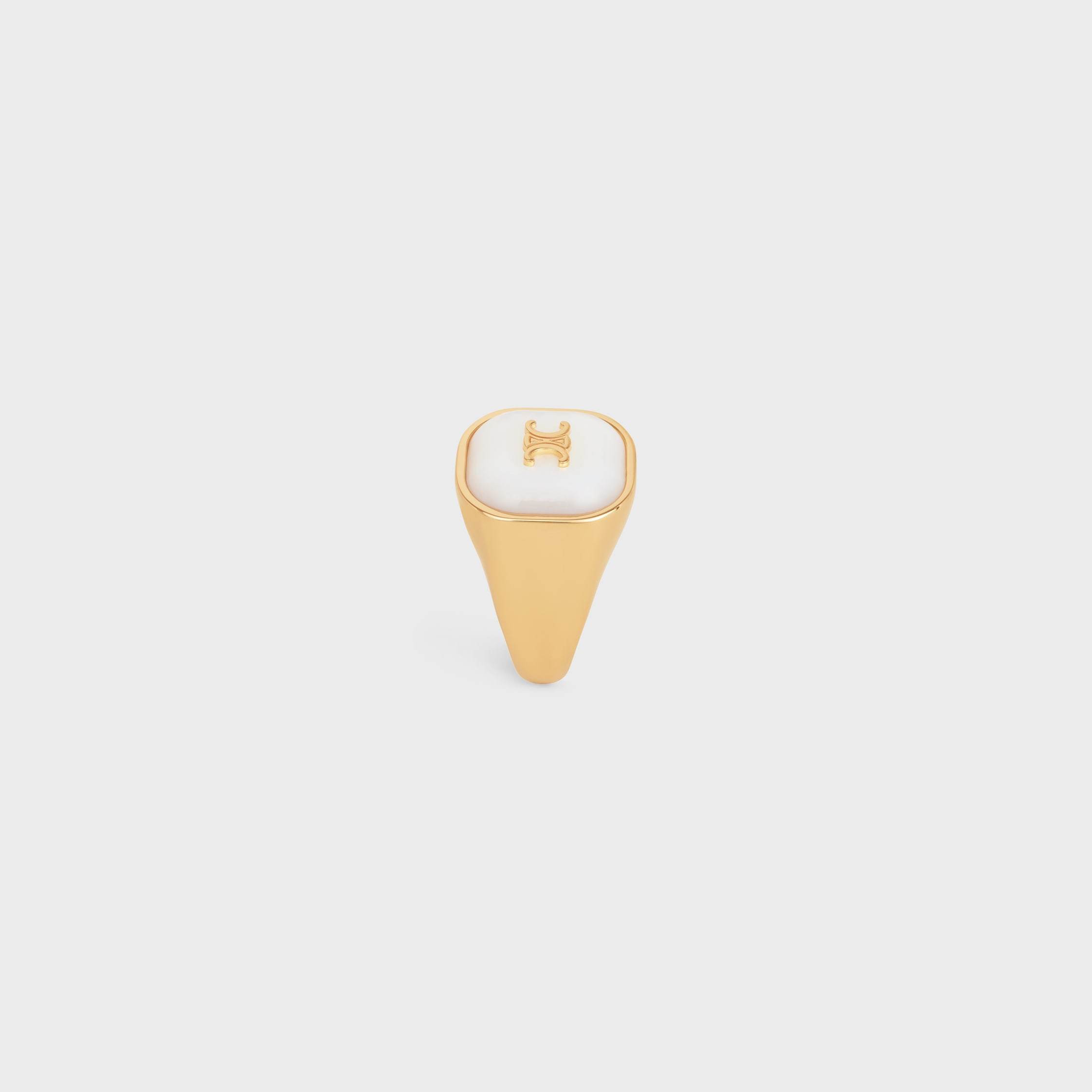 Celine Triomphe Signet Ring In Mother Of Pearl And Brass With Gold Finish In Multi