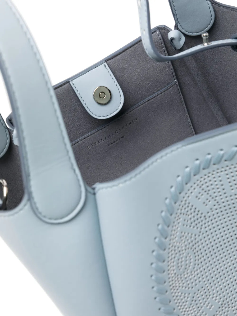 Stella Mccartney Pierced Logo Cross-body Bag In Light Blue