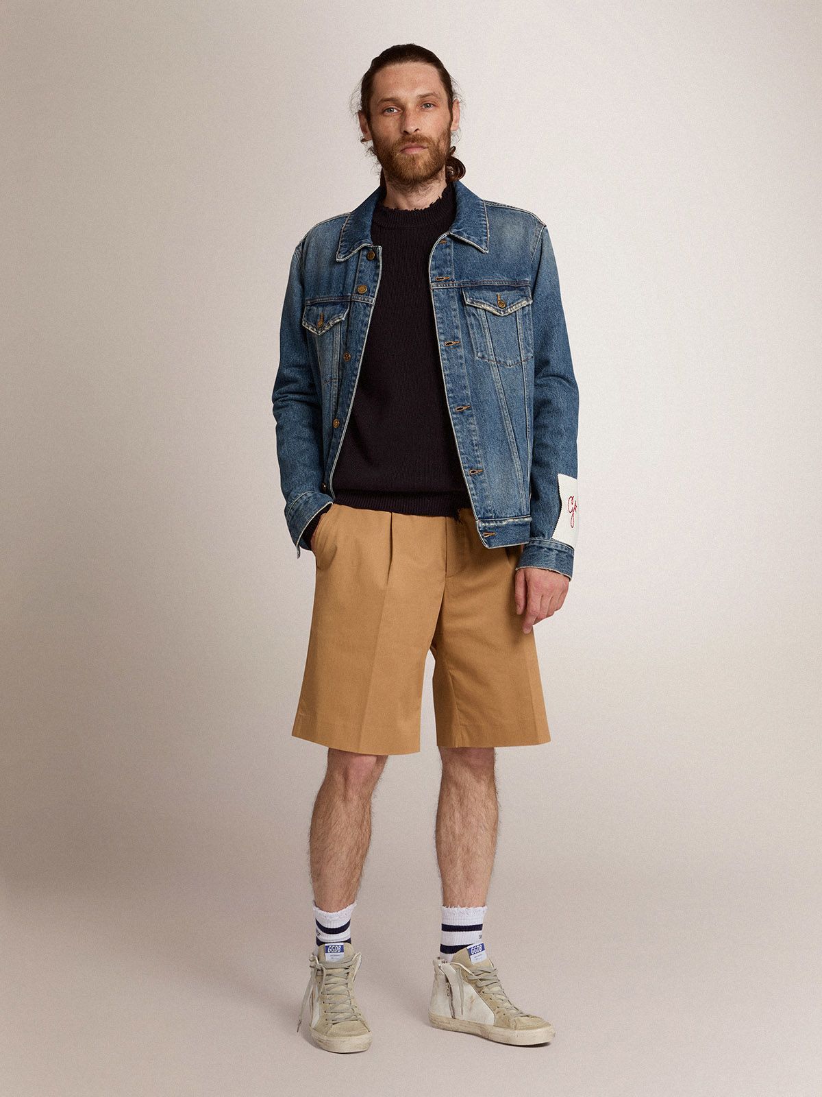 Golden Goose Blue Jacket With Patch Pockets On The Chest And Logoed Metal Buttons In Blue